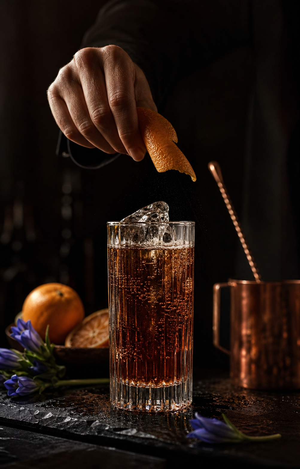 Orange peel expressed over a tall botanical soda
